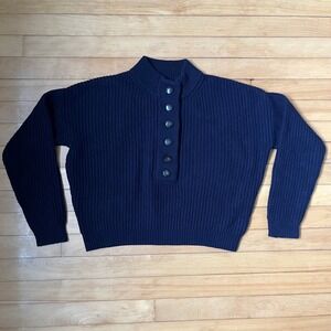 Sezane Lucas Jumper Navy Blue Ribbed Knit Button High Neck Sweater Womens Small